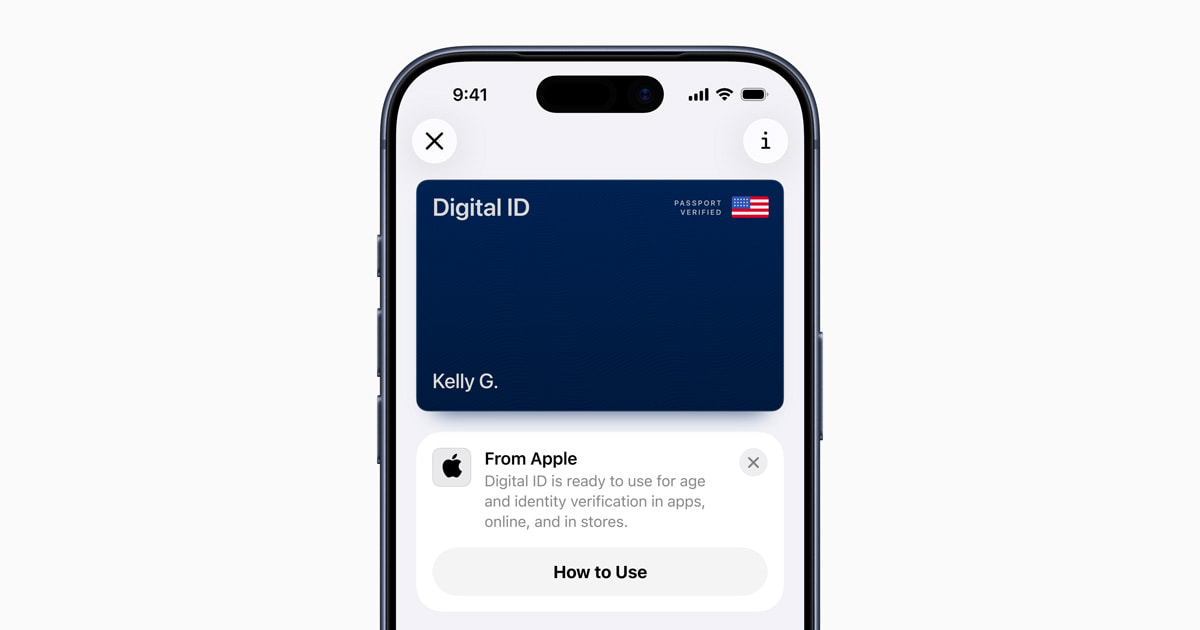 An iPhone screen displaying the Apple Wallet app with a Digital ID card visible, alongside an Apple Watch showing a verification prompt.